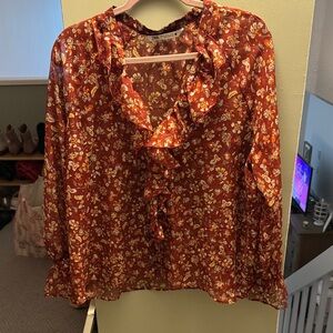 Zara Rust Floral Ruffle V-Neck Blouse